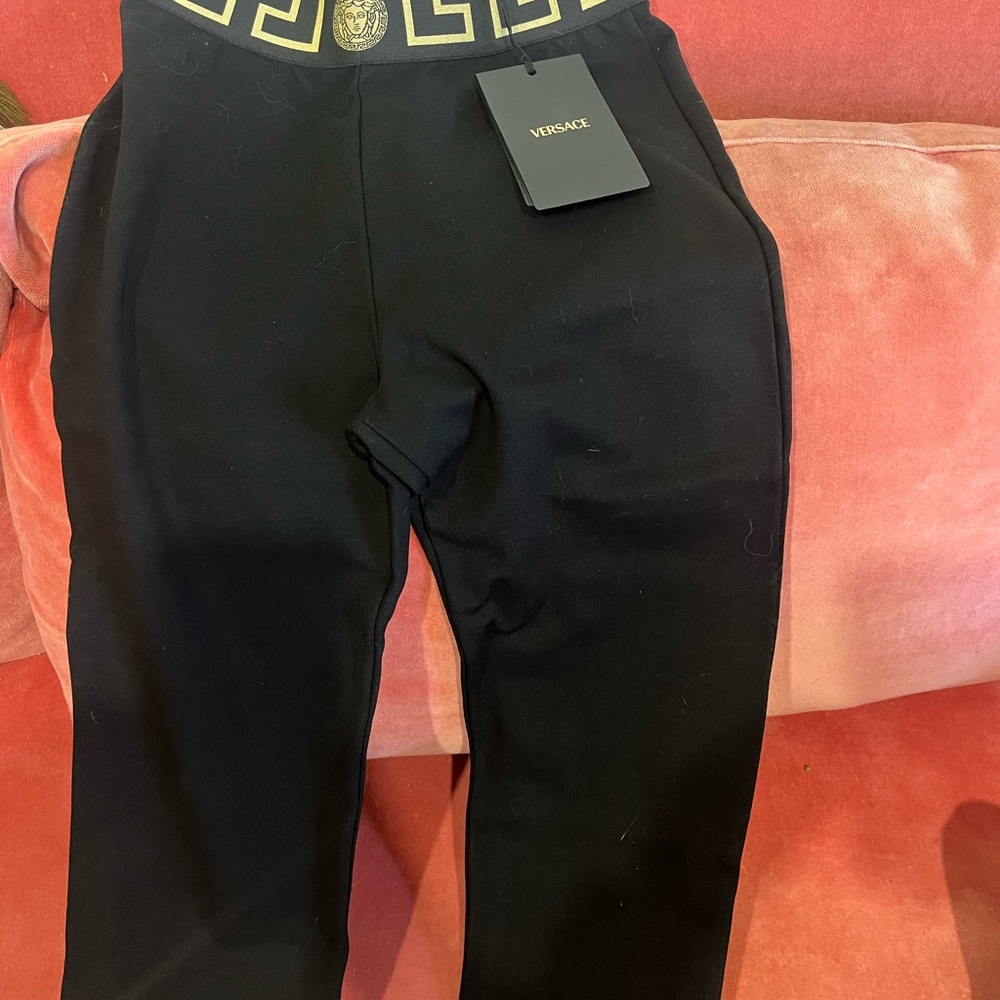 Versace Black Leggings with Greek Key Waistband